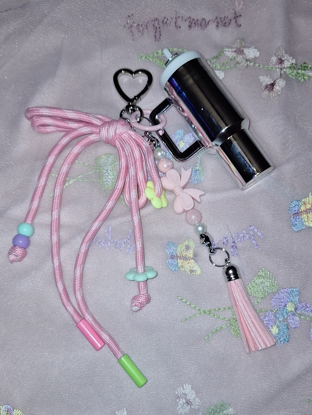 Pink Kids Keychain Bag Charm Accessory with Tassel and Beads